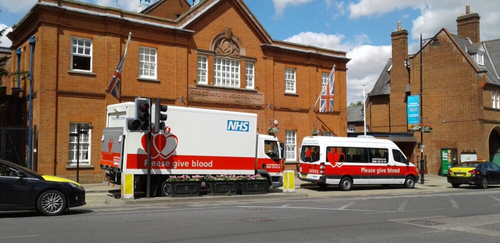 Give blood vans outside of Newmaket Town Hall
